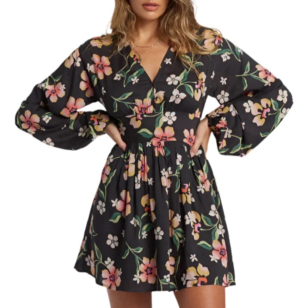 Billabong Black Floral Long Sleeve Dress